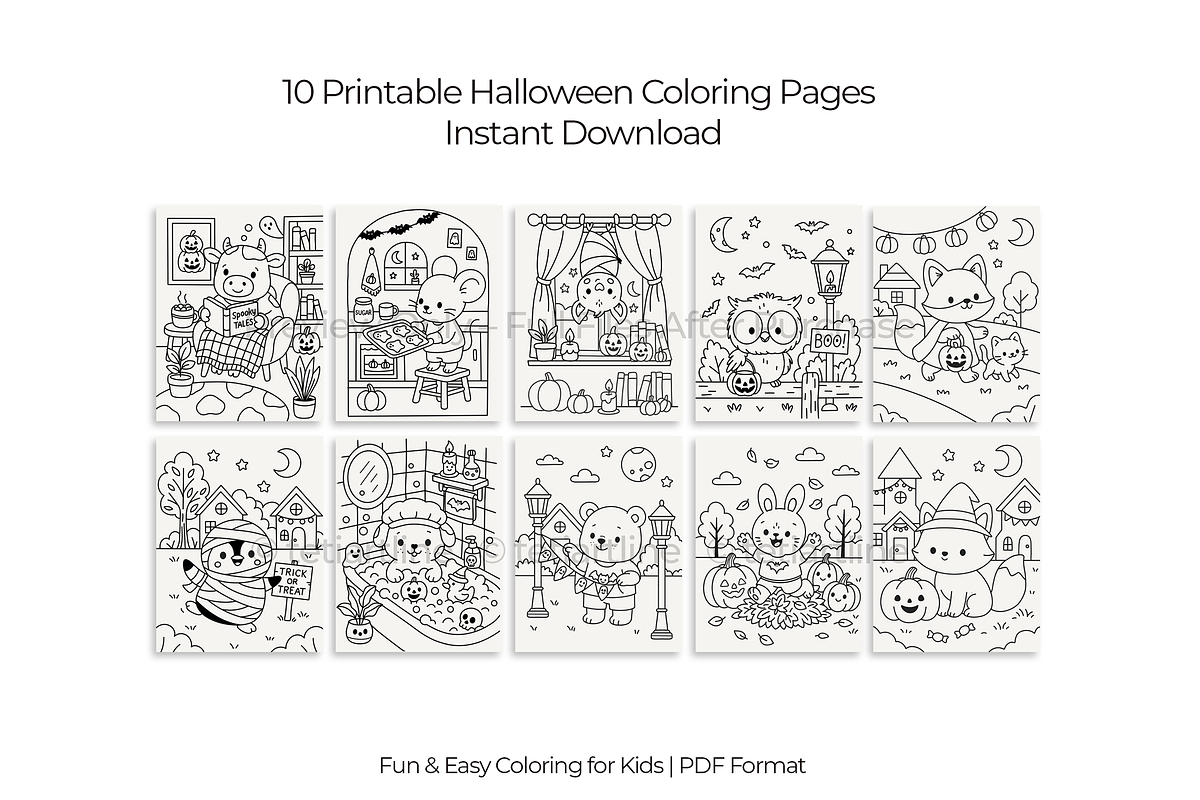 10 Cute Halloween Coloring Pages PDF, an Animal Illustration by tetiartline (Photo 2 of 3)