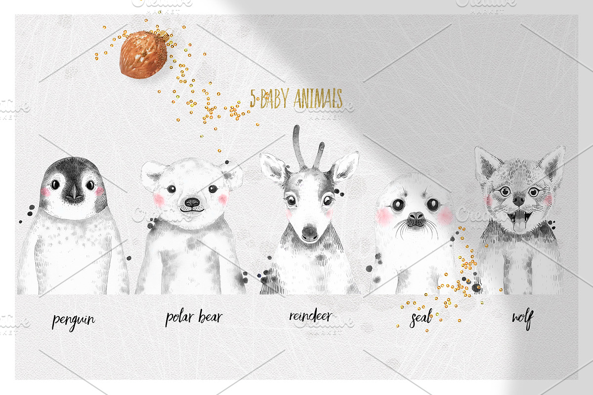 CHRISTMAS BABIES watercolor set, an Animal Illustration by Natali Smolova (Photo 3 of 8)