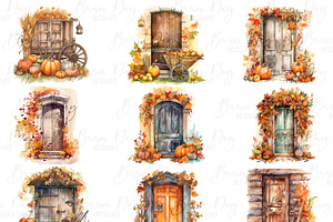 Watercolor Autumn Doors Clipart