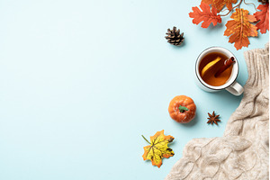 Autumn flat lay background on blue., a Food & Drink Photo by Nadia-nb