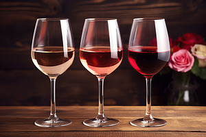 Different wine in glasses on wooden background, a Food & Drink Photo by AlyaAnd