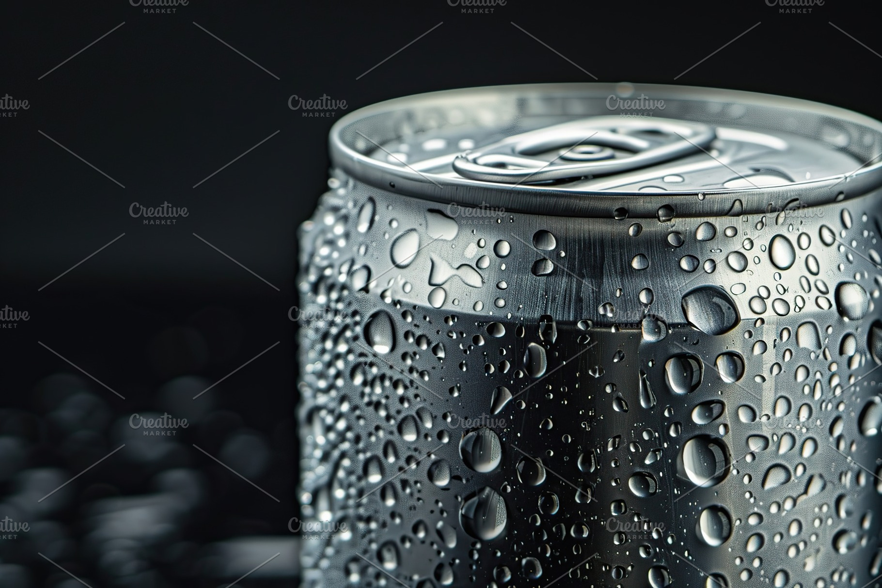 Blank aluminum can with water drops on black background, a Food & Drink Photo by AlyaAnd