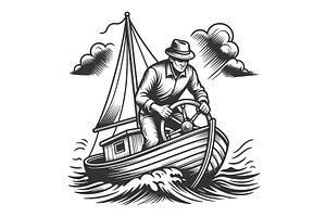 Man Steering Small Boat Through, a Person Illustration by AlexArt
