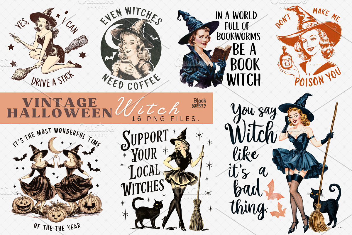 Vintage Halloween Witch PNG Bundle, a Graphic by Clipart Bloom (Photo 1 of 15)