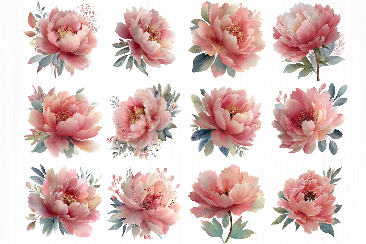 Peony watercolor clipart set, an Object Illustration by DreamCafeArt (Photo 4 of 6)