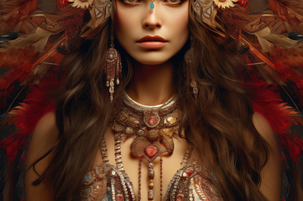 A stunning bohemian woman adorned with an elaborate feathered headdress and int, a Beauty & Fashion Photo by Textures & Backgrounds