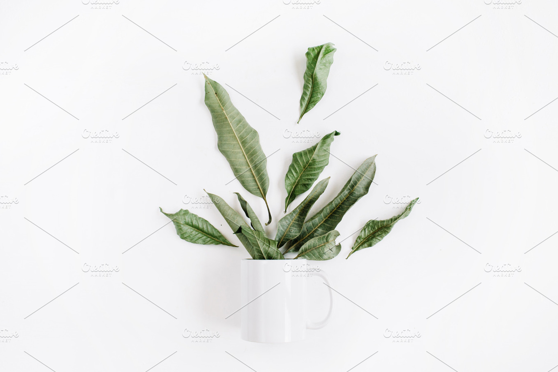 Mug with leaves stock photo containing flat and lay, an Arts & Entertainment Photo by Floral Deco