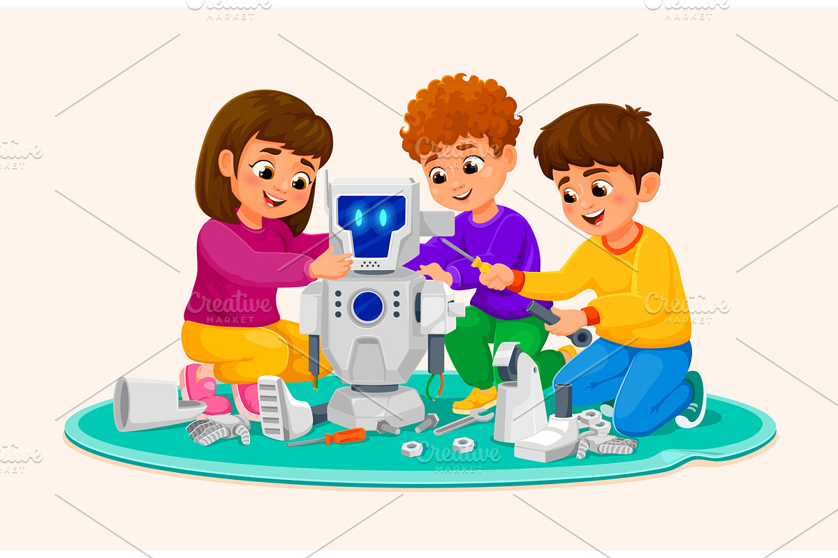 Kids repairing robot parts, a Person Illustration by Vector Tradition