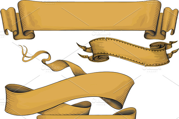 Ribbon Banners Engraving Style.