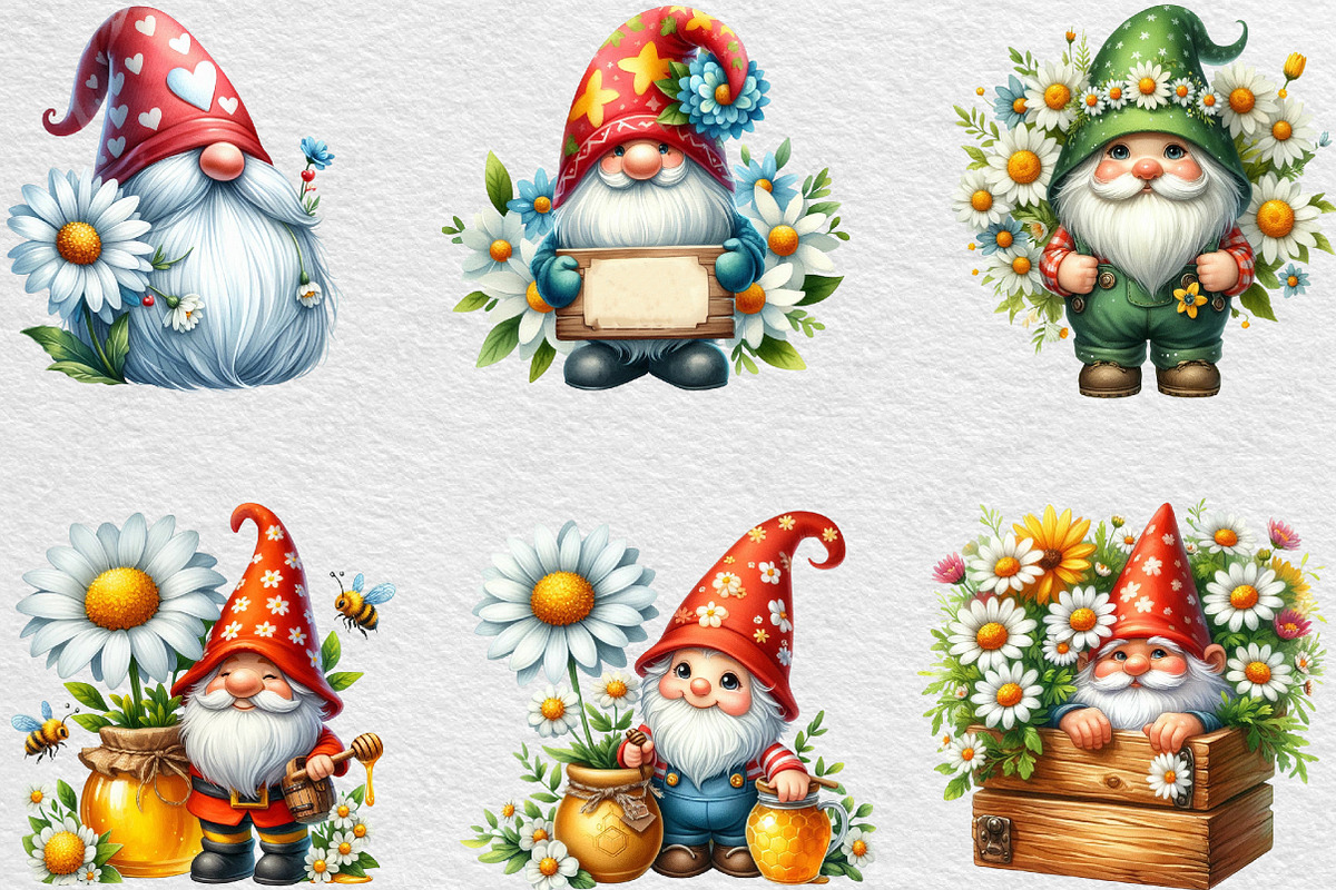 White Gnome Daisy Watercolor Clipart, an Illustration by Black Bird Studio (Photo 3 of 6)