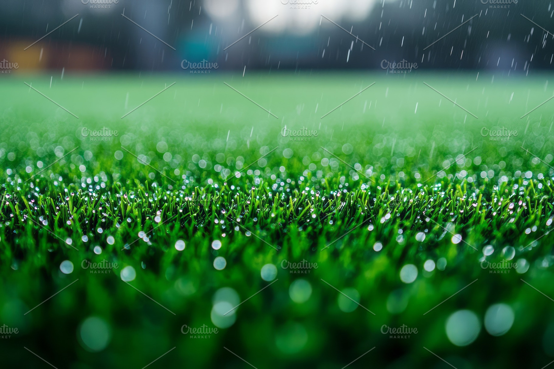 Dew-covered artificial grass glistens in the rain, creating a vibrant green lan, a Background Photo by ImageMir
