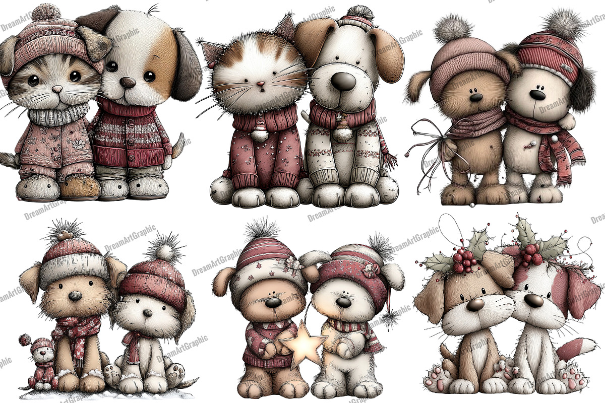 Whimsical Christmas Cat Dog Clipart, an Illustration by DreamArtGraphic (Photo 3 of 5)