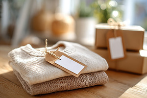 Mockups of clothing labels on neatly folded sweaters in a cozy indoor setting, a Beauty & Fashion Photo by AlyaAnd