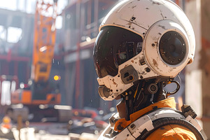 Humanoid robot builder standing among cranes and heavy machines, an Industrial Photo by GoodGoods