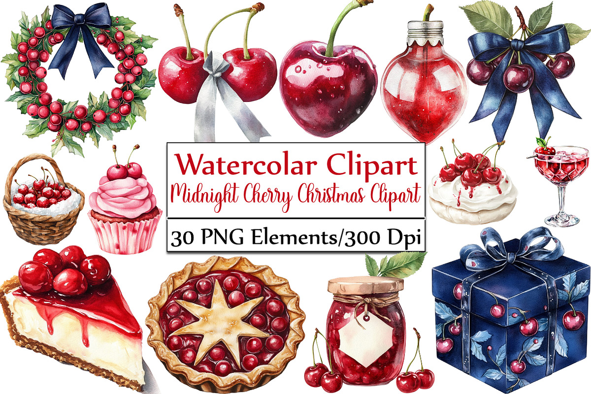 Midnight Cherry Christmas Clipart, an Illustration by DreamCafeArt (Photo 1 of 5)