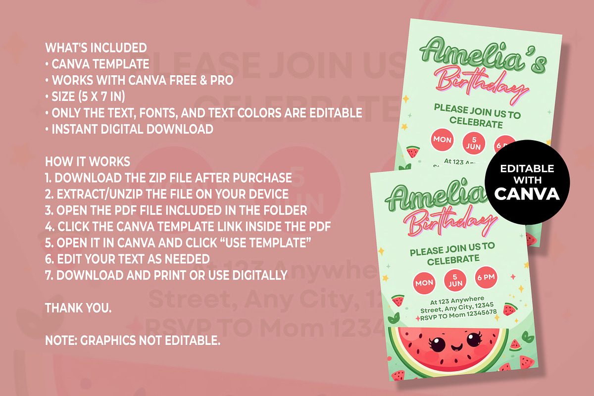 Cute Watermelon Birthday Invitation, an Invitation Template by M9 Design (Photo 4 of 4)