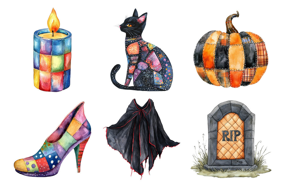 Watercolor Patchwork Style Halloween, an Illustration by Daily.Designs (Photo 2 of 5)
