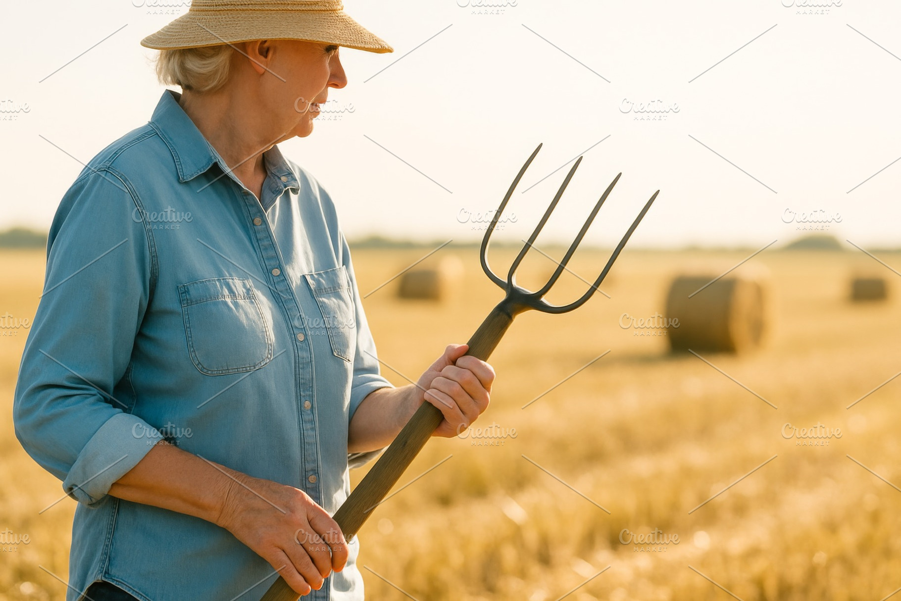 Elderly woman holding pitchfork in w, a Photo by Dvoevnore photos