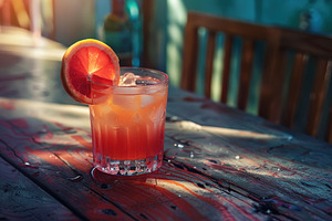 Red grapefruit cocktail in glass on wooden table, a Food & Drink Photo by AlyaAnd