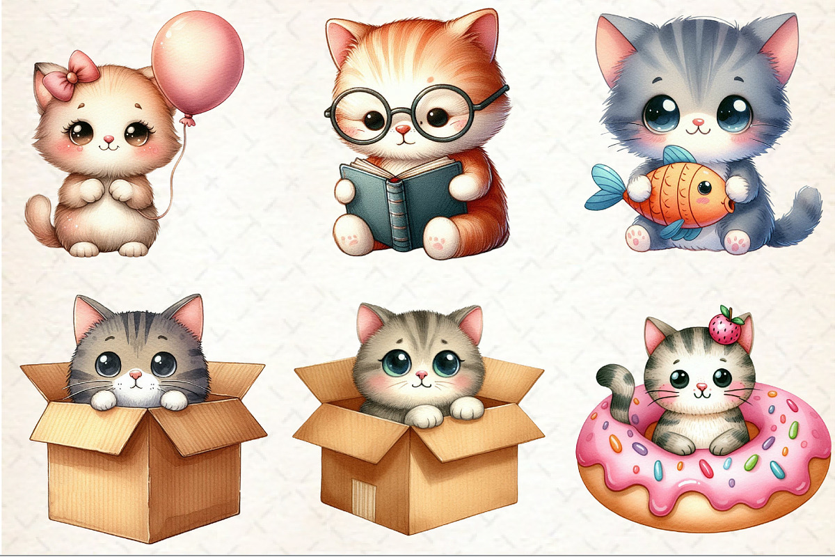 Watercolor Cute Doodle Cat Clipart, an Animal Illustration by Rose Art (Photo 2 of 7)