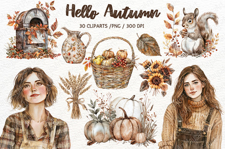 Hello Autumn Watercolor Clipart