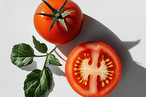 Tomato and a half, with leaves, isol, a Food & Drink Photo by Pixeness Studio