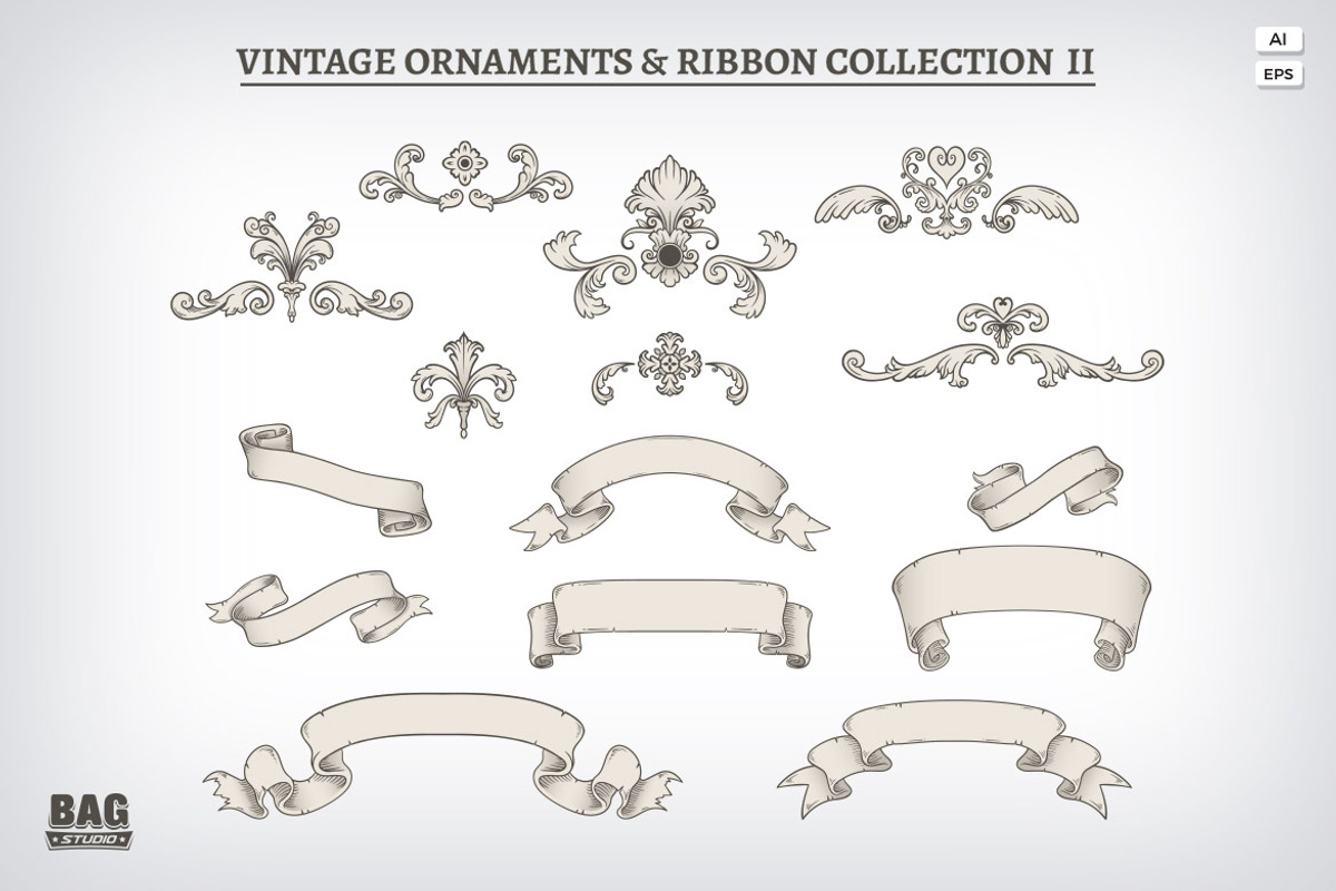 Vintage Ornaments & Ribbons 2, a Graphic by Bagstudio Shop