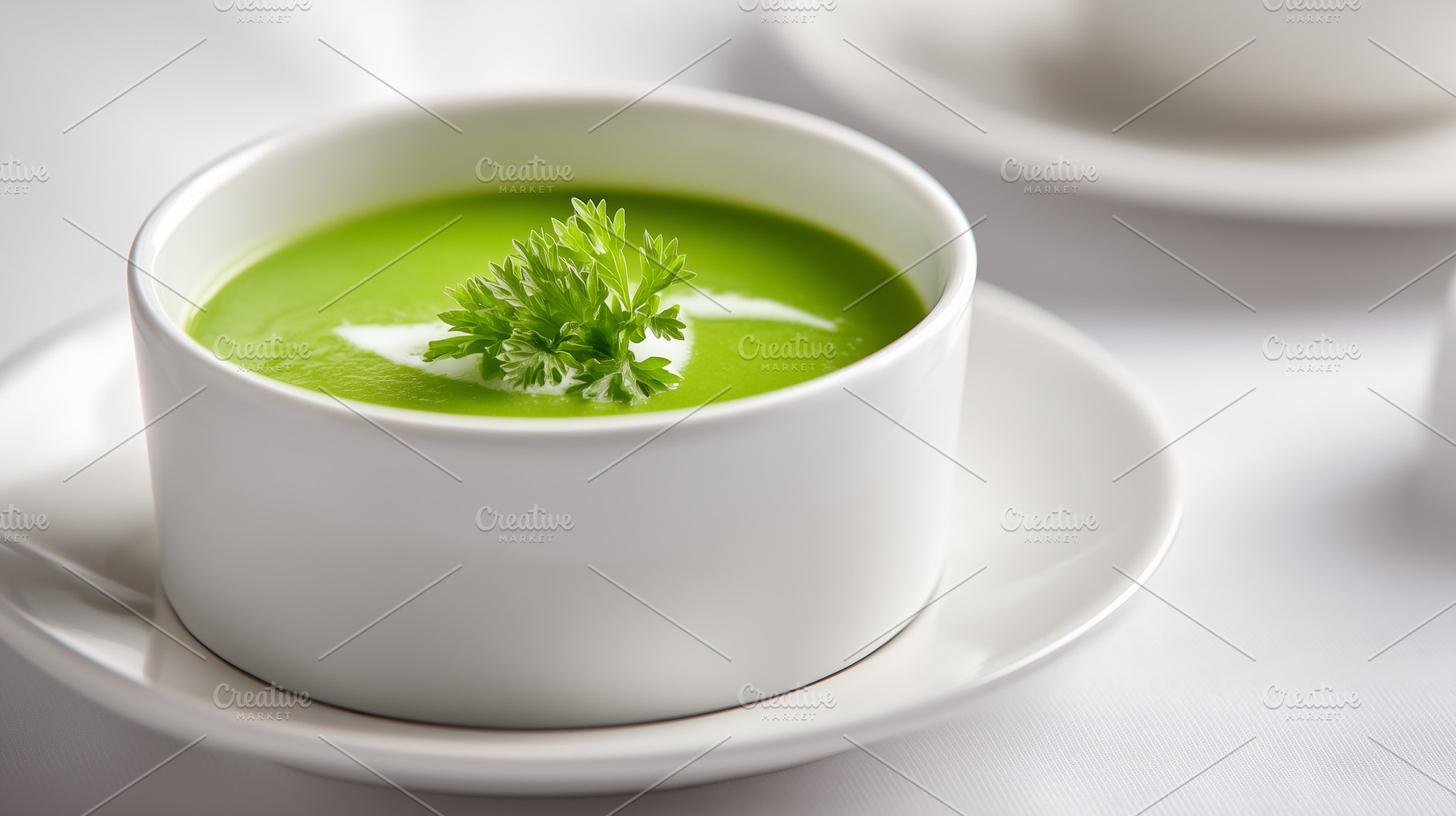 Creamy green pea soup garnished with, a Food & Drink Photo by MistyDay
