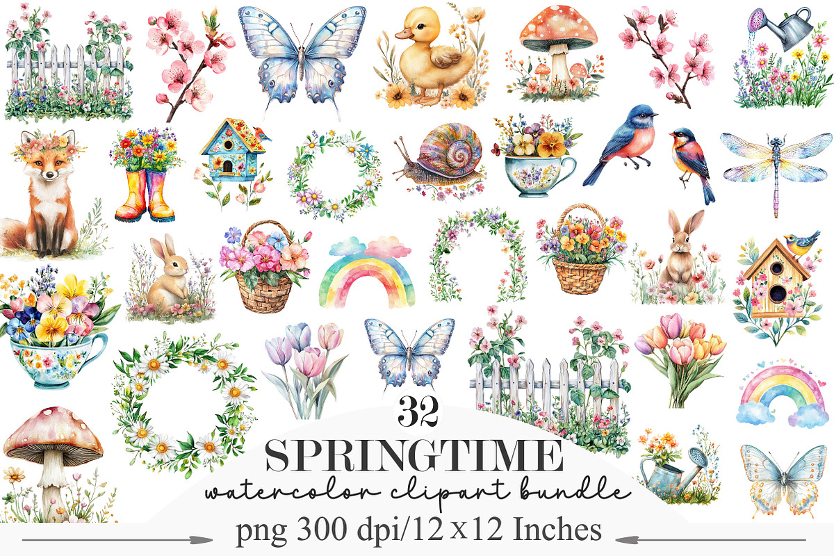 Watercolor Springtime Clipart PNG, an Illustration by Designking (Photo 1 of 5)