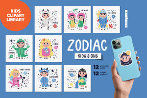 Kids Zodiac Signs. Cards & Stickers