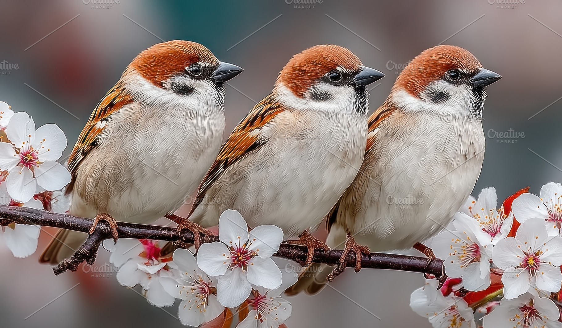 Three Sparrows Perched on Blossom Branch with White Spring Flowe, a Nature Photo by José Manuel Gelpi