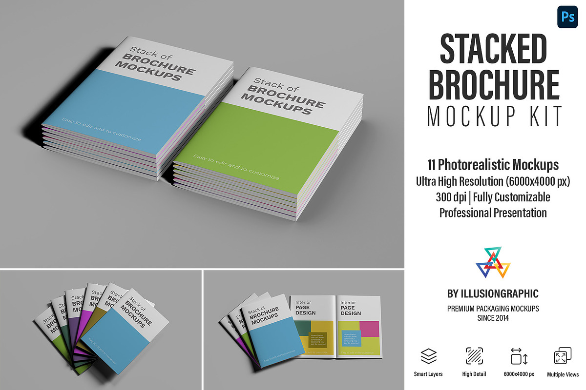Stacked Brochure Mockup Kit 11 Views, a Books & Magazine Mockup by Illusiongraphic (Photo 1 of 28)