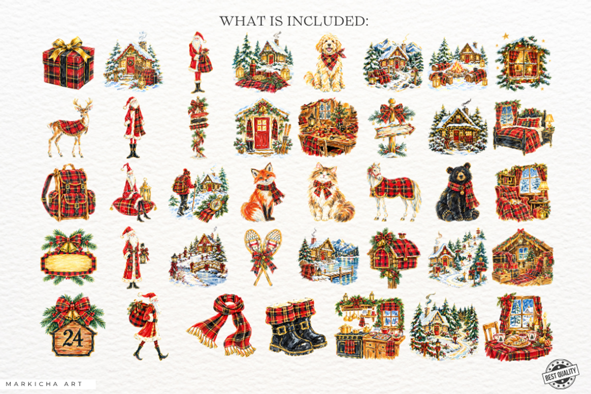 Plaid Cottage Christmas Clipart, a Seasonal Illustration by Markicha Art (Photo 4 of 5)