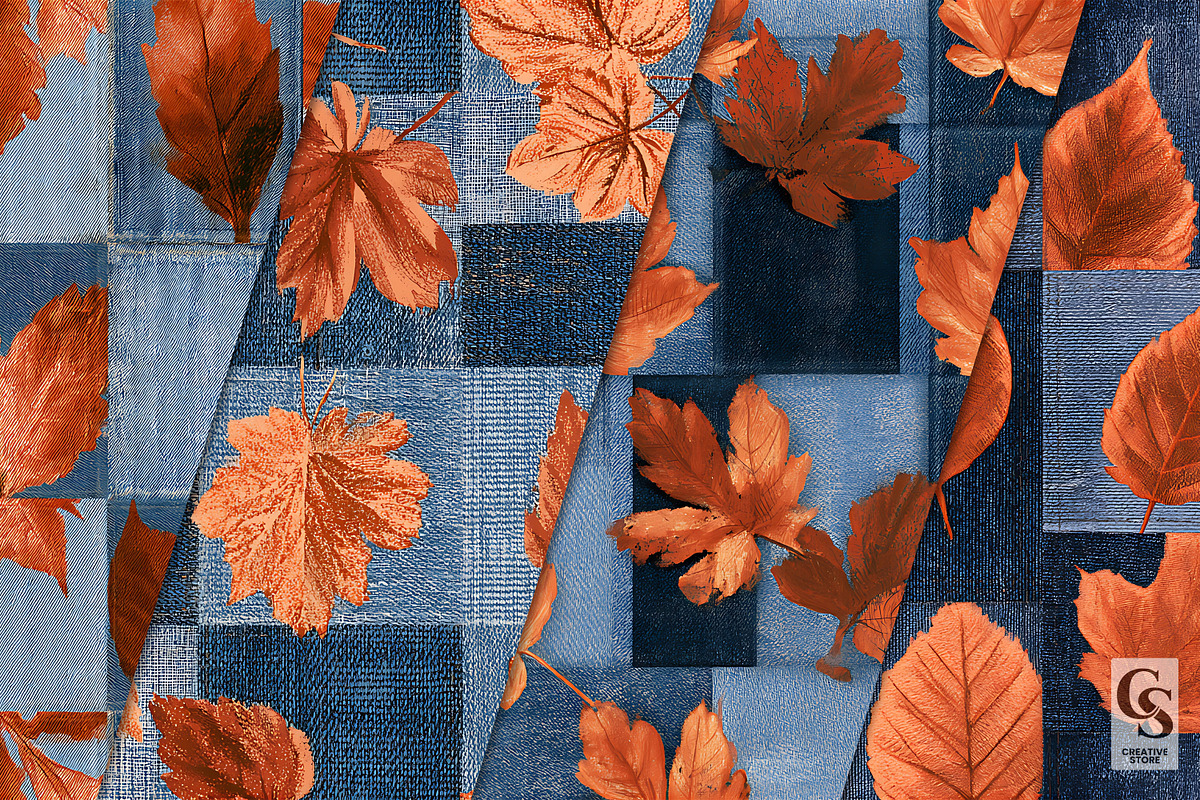 Fall Denim Patchwork Leaves Paper, a Pattern Graphic by Creative Store (Photo 2 of 5)