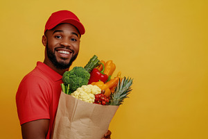 Smiling man holding fresh vegetables, a Photo by Beautiful things