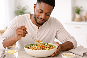 Man enjoys nutritious meal with legu, a Photo by Dvoevnore photos