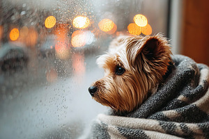 Dog gazing out window on a rainy day while wrapped in a cozy blanket near stree, an Animal Photo by AlyaAnd