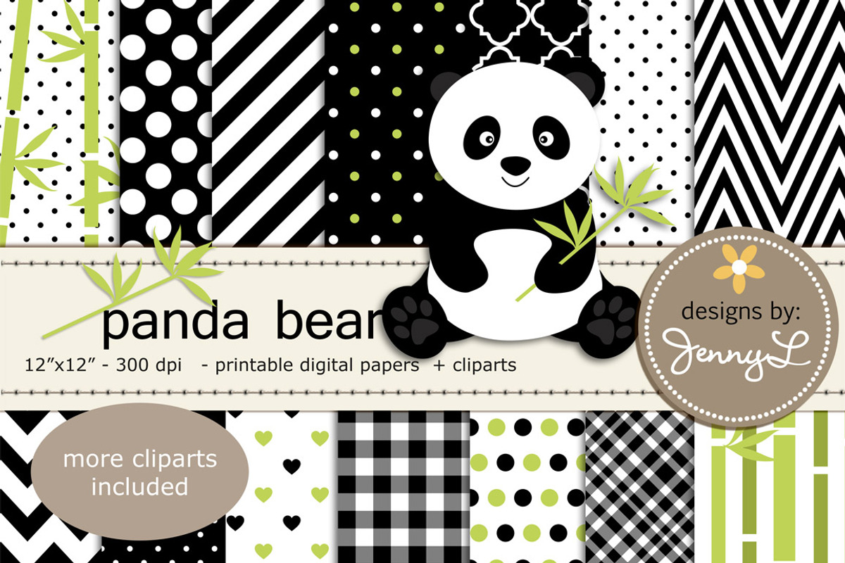 Panda Bear Digital Papers & Clipart, a Pattern Graphic by JennyL Designs (Photo 1 of 4)