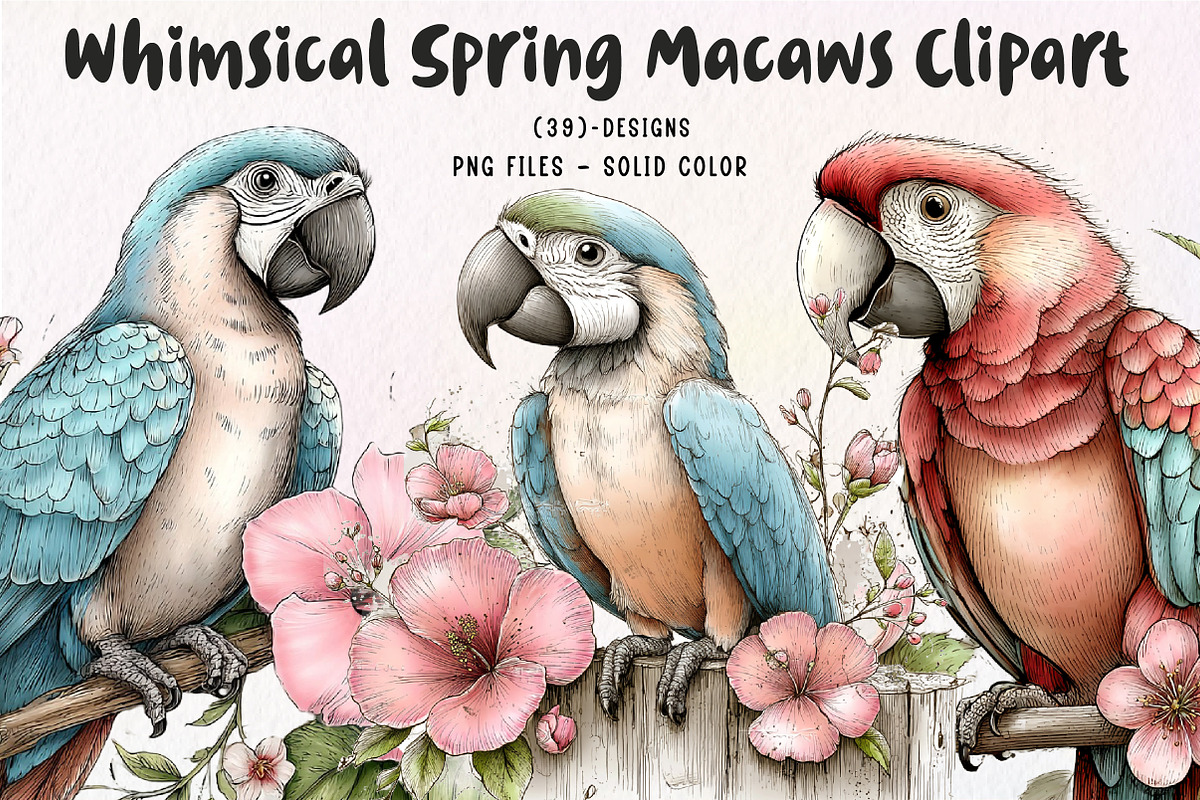 Whimsical Spring Macaws Clipart, an Illustration by CreationArt (Photo 1 of 7)