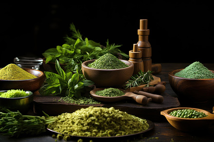 Spices and herbs on an old background in a composition with kitc, a Photo by AS photostudio