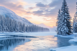 Serene frozen lake surrounded snow, a Nature Photo by MistyDay
