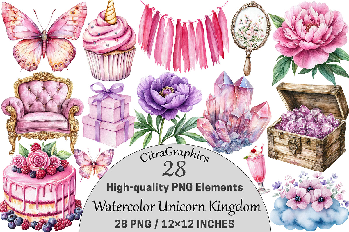Watercolor Unicorn Kingdom Clipart, a Seasonal Illustration by CitraGraphics (Photo 1 of 6)