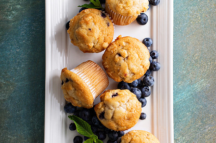 Blueberry muffins on a plate containing blueberry, muffins, and bowl, a Food & Drink Photo by farwasser