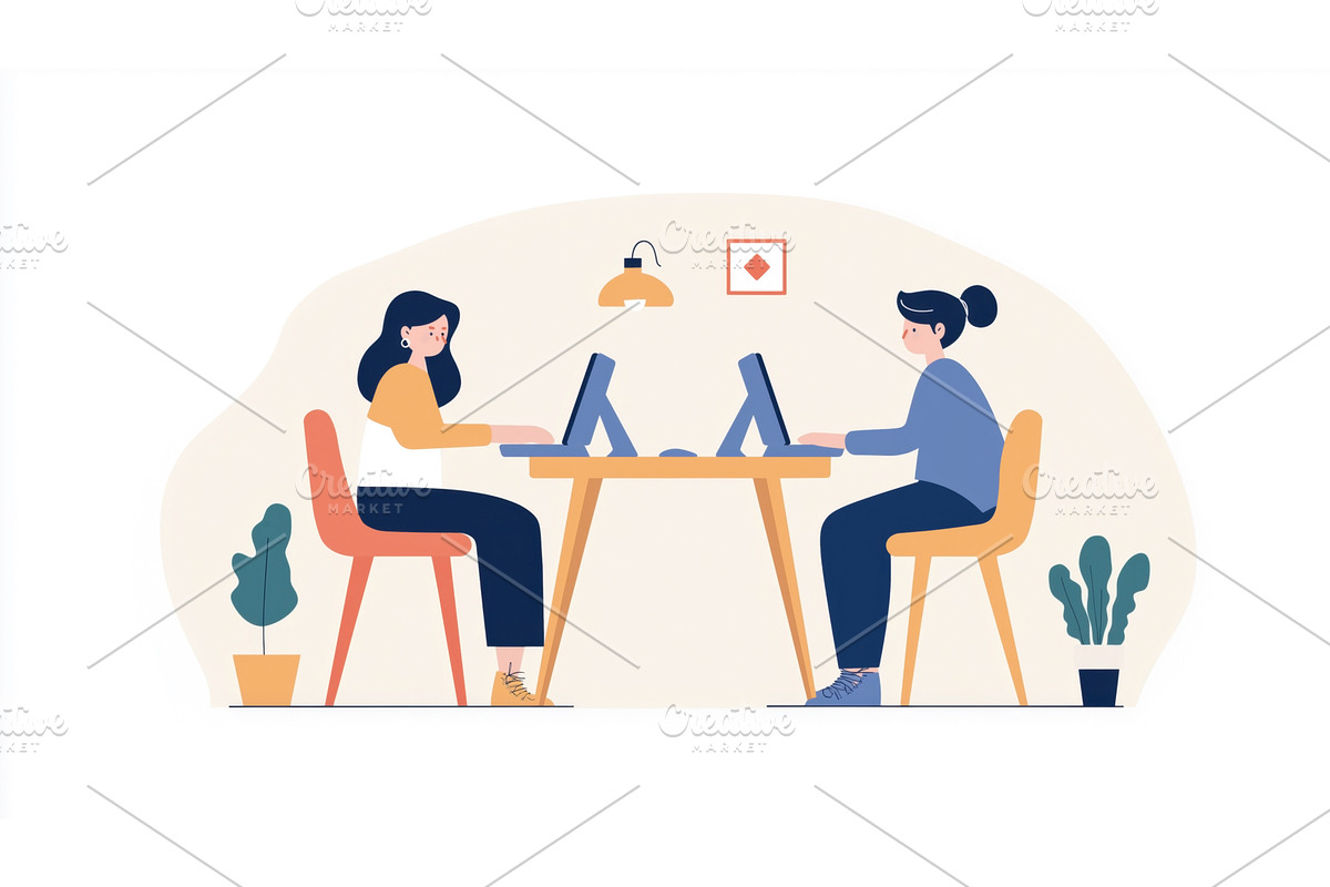 Two women working on laptops face, a Person Illustration by Sergey Kotenev