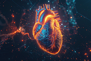 3D rendering of holographic human heart on dark background, a Health & Medical Photo by AlyaAnd