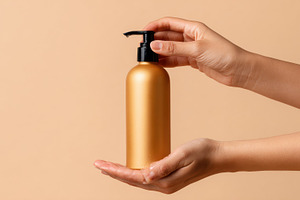 Hands with a gold lotion bottle, a Photo by Beautiful things