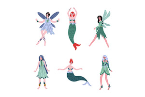 Set Of Beautiful Woman Mermaids And