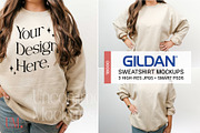 Sand Gildan 18000 Mockups x3, a Shirt Mockup by Uncommon Mockups (Thumbnail 1 of 6)