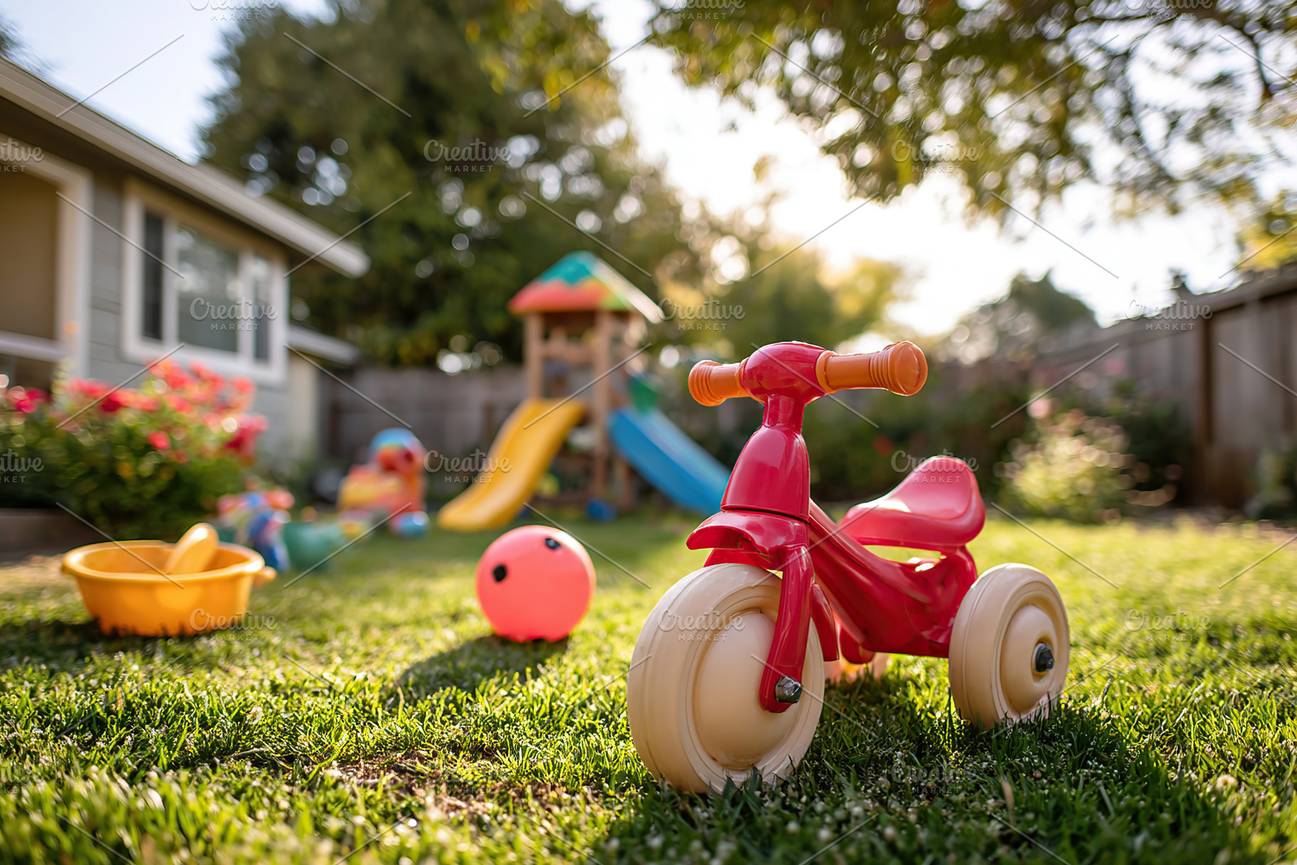 Bright backyard playground with red tricycle and colorful toys in sunlight, a Photo by AlyaAnd