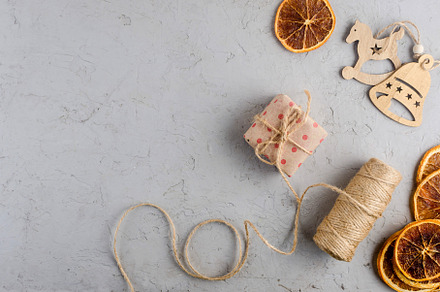 Christmas composition with gifts, wooden accessories and  decor, a Holiday Photo by vimart